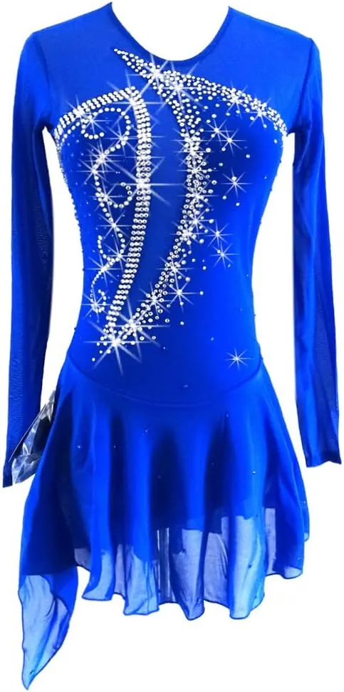 JRUIA Kids Figure Skating Dress Handmade Gymnastics Leotard for Girl Long Sleeve Roller Skate Skirt Crystals Ballet Costume