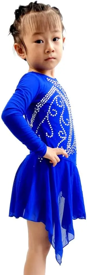JRUIA Kids Figure Skating Dress Handmade Gymnastics Leotard for Girl Long Sleeve Roller Skate Skirt Crystals Ballet Costume