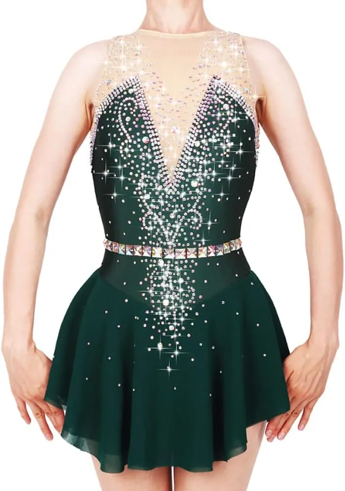 JRUIA Sleeveless Professional Ice Skating Dress Girls Women Figure Skating Costume Gymnastics Ballet Skirt Rhinestone/Crystal