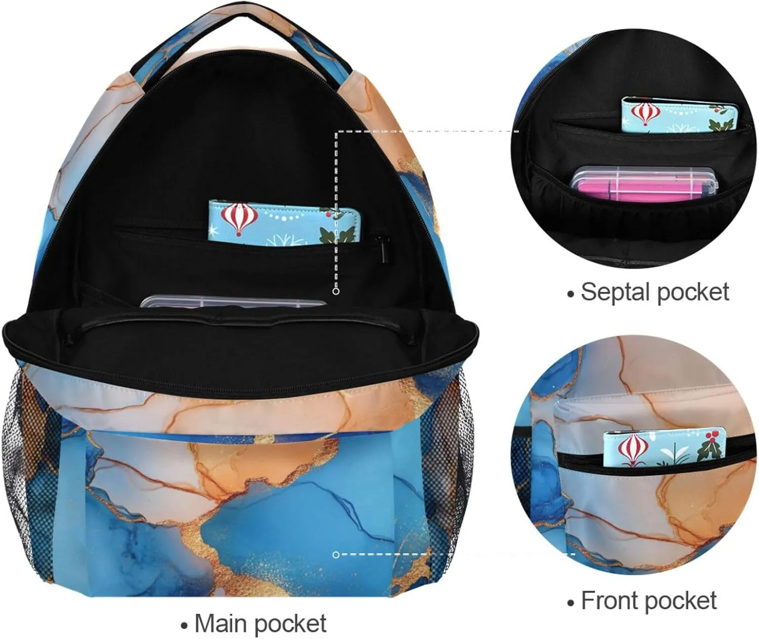 Laptop Backpack for Men and Women Fashion School Bag with Chest Strap for Business Work College Travel Trip Marble Royal Blue Peach