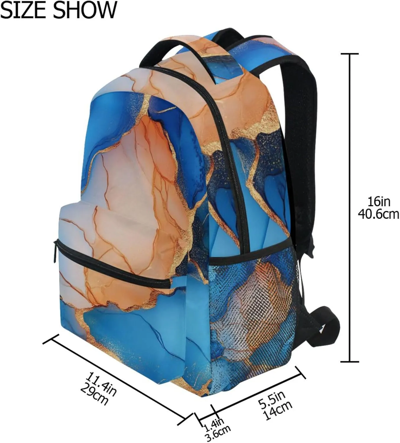 Laptop Backpack for Men and Women Fashion School Bag with Chest Strap for Business Work College Travel Trip Marble Royal Blue Peach