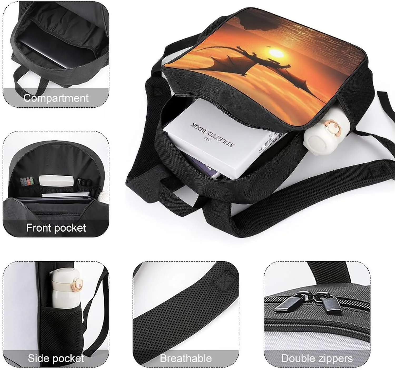 Laptop Backpack for Travel Daypack Sea Sunset Flying Dragon Computer Bag Work Back Pack Laptop Bag Casual Nurse Bag