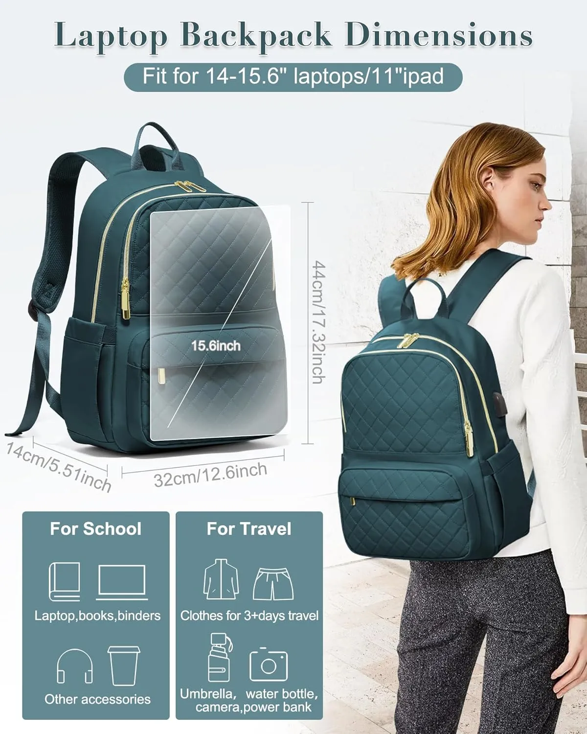 Laptop Backpack for Women Mens,Waterproof Work Business Bags College Backpack Laptop Computer Bag Travel Backpack Purse for College, Business,Travel Fits 15.6 Inch Laptop Peacock Blue