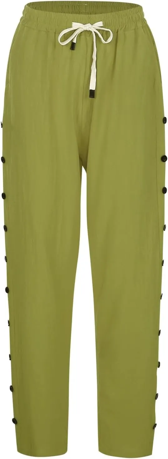 Linen Pants Women Petite Striped Straight Wide Leg Side Button Gauze Casual Drawstring Baggy Elastic Cropped Trouser