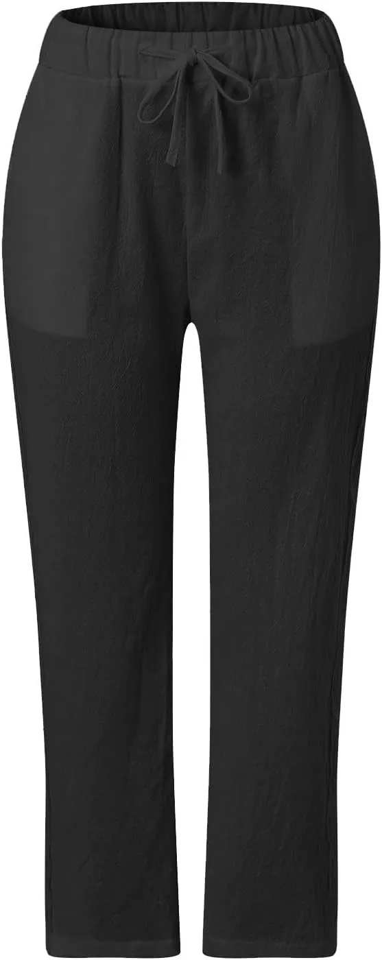 Linen Pants Women Petite Striped Straight Wide Leg Side Button Gauze Casual Drawstring Baggy Elastic Cropped Trouser