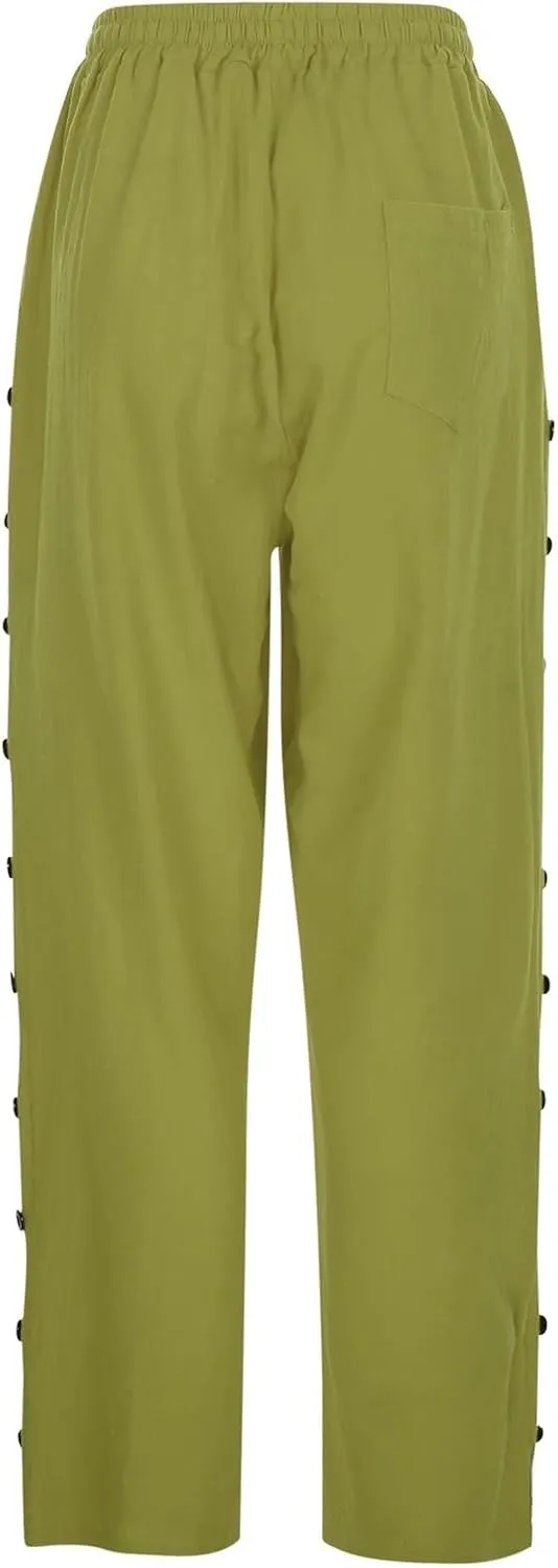 Linen Pants Women Petite Striped Straight Wide Leg Side Button Gauze Casual Drawstring Baggy Elastic Cropped Trouser