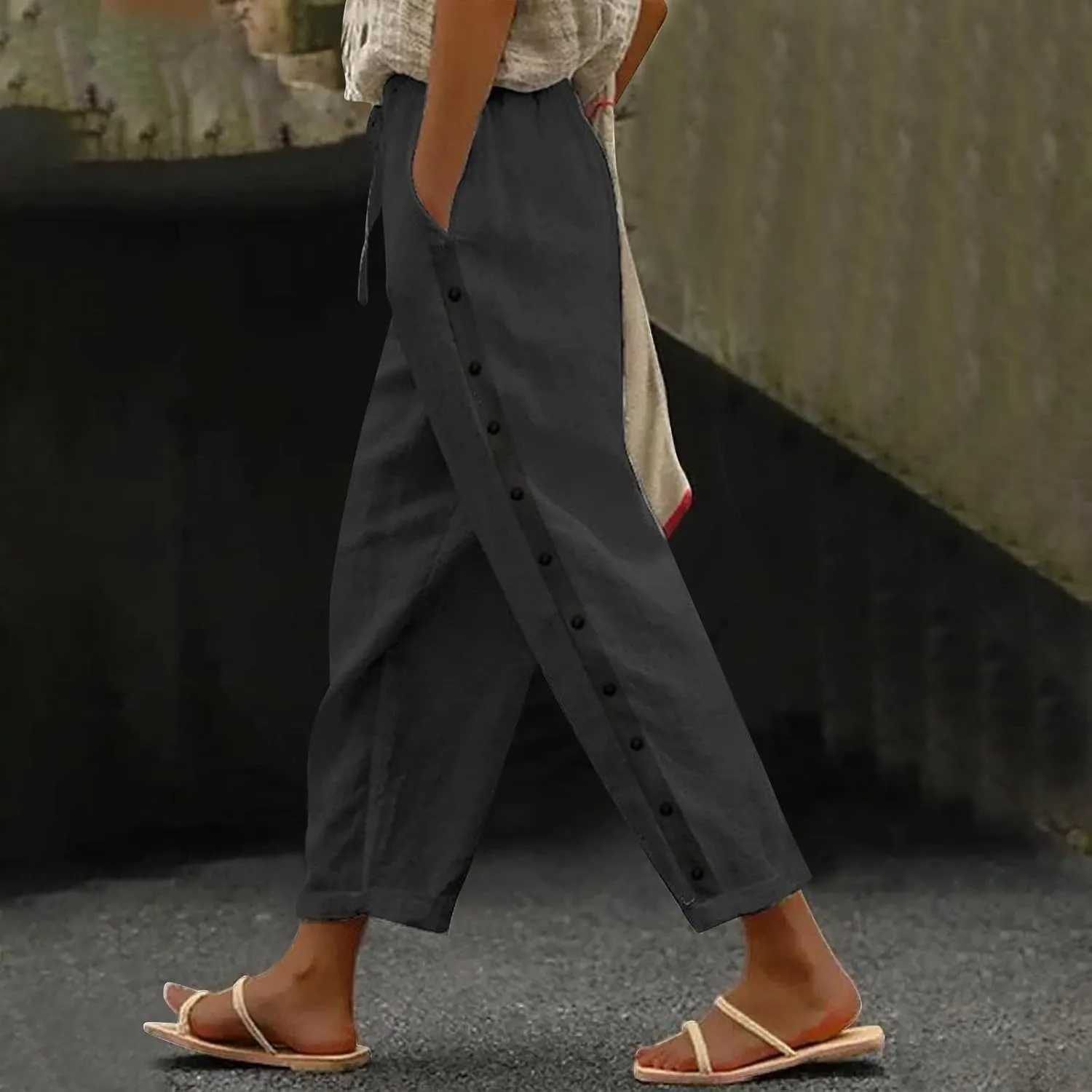 Linen Pants Women Petite Striped Straight Wide Leg Side Button Gauze Casual Drawstring Baggy Elastic Cropped Trouser