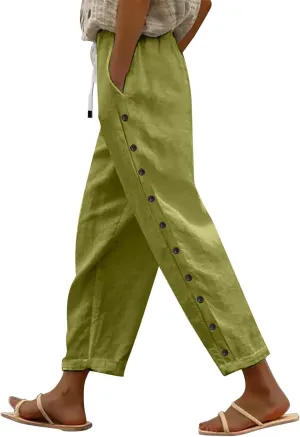 Linen Pants Women Petite Striped Straight Wide Leg Side Button Gauze Casual Drawstring Baggy Elastic Cropped Trouser