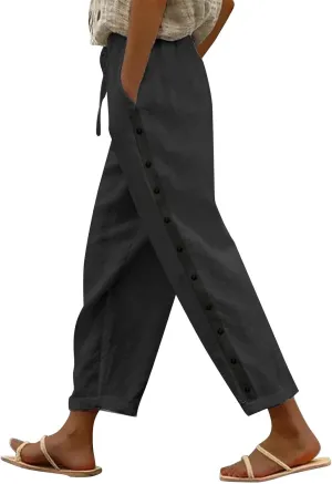 Linen Pants Women Petite Striped Straight Wide Leg Side Button Gauze Casual Drawstring Baggy Elastic Cropped Trouser