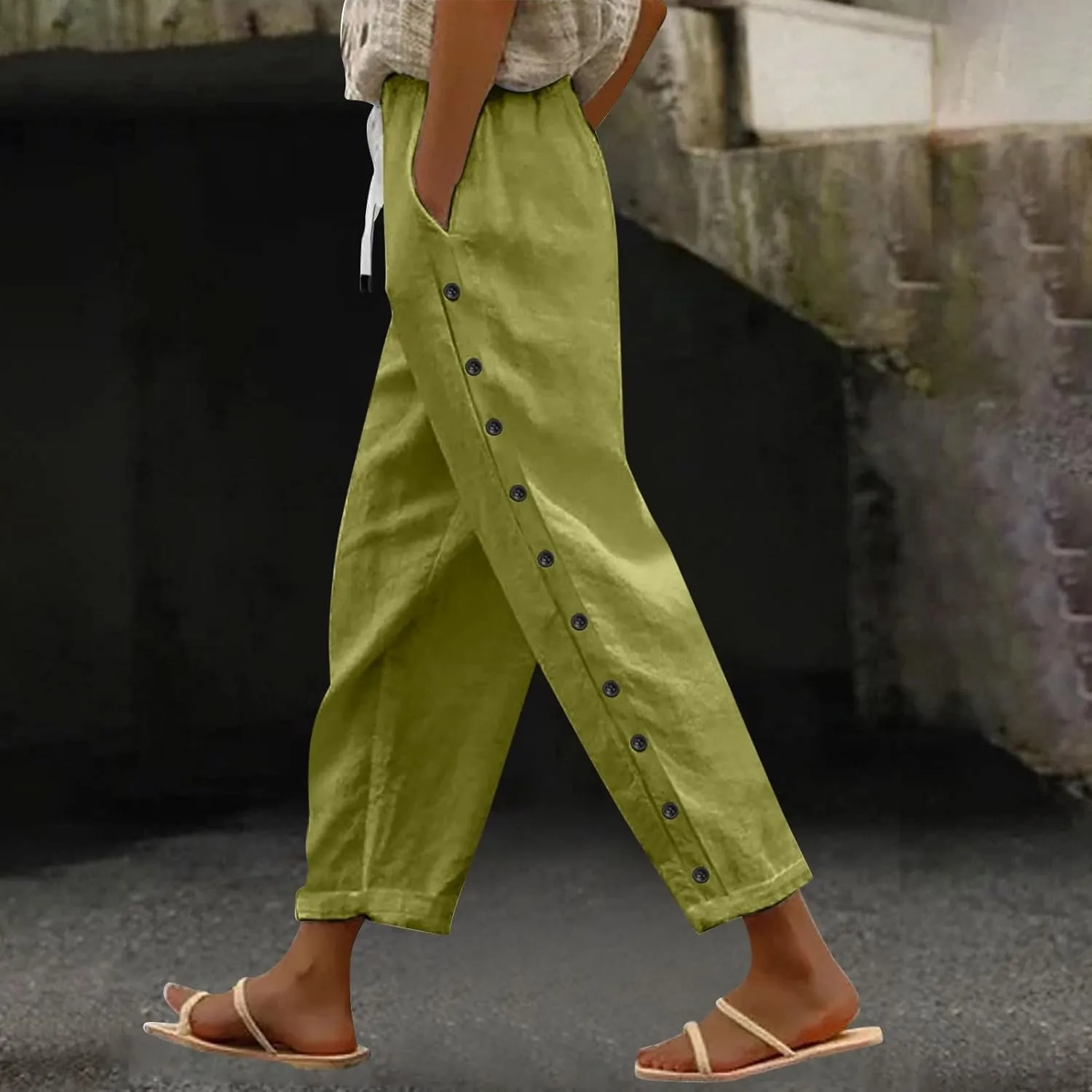 Linen Pants Women Petite Striped Straight Wide Leg Side Button Gauze Casual Drawstring Baggy Elastic Cropped Trouser