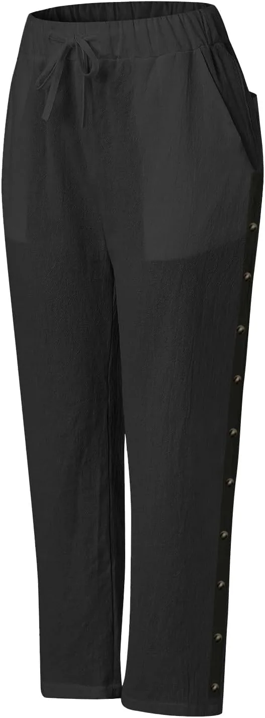 Linen Pants Women Petite Striped Straight Wide Leg Side Button Gauze Casual Drawstring Baggy Elastic Cropped Trouser