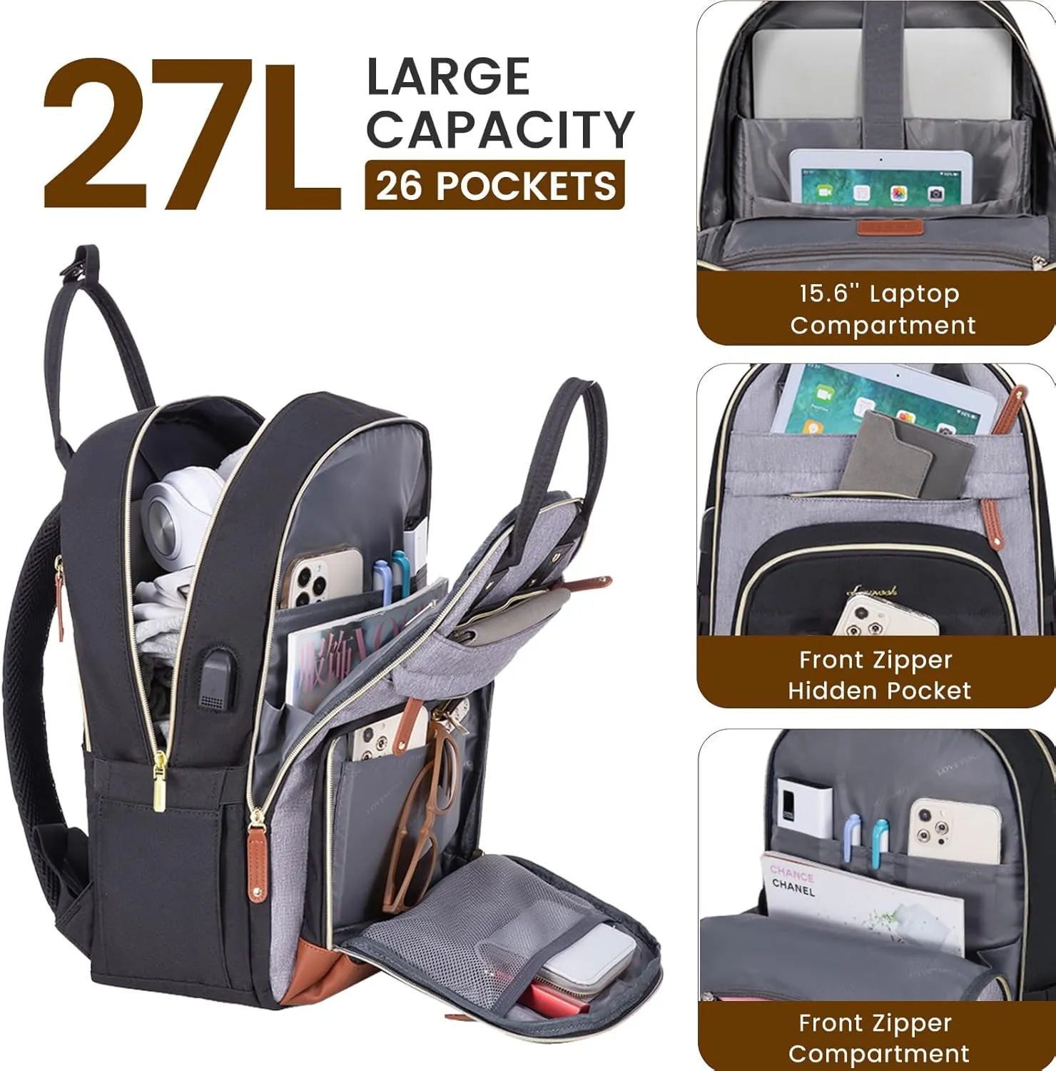 LOVEVOOK Laptop Backpack Women,Large Capacity 15.6 inch Laptop Bag Travel Backpack for Women,Computer Work College Teacher Backpacks with USB Port,Waterproof Personal Item Backpack Casual Daypack