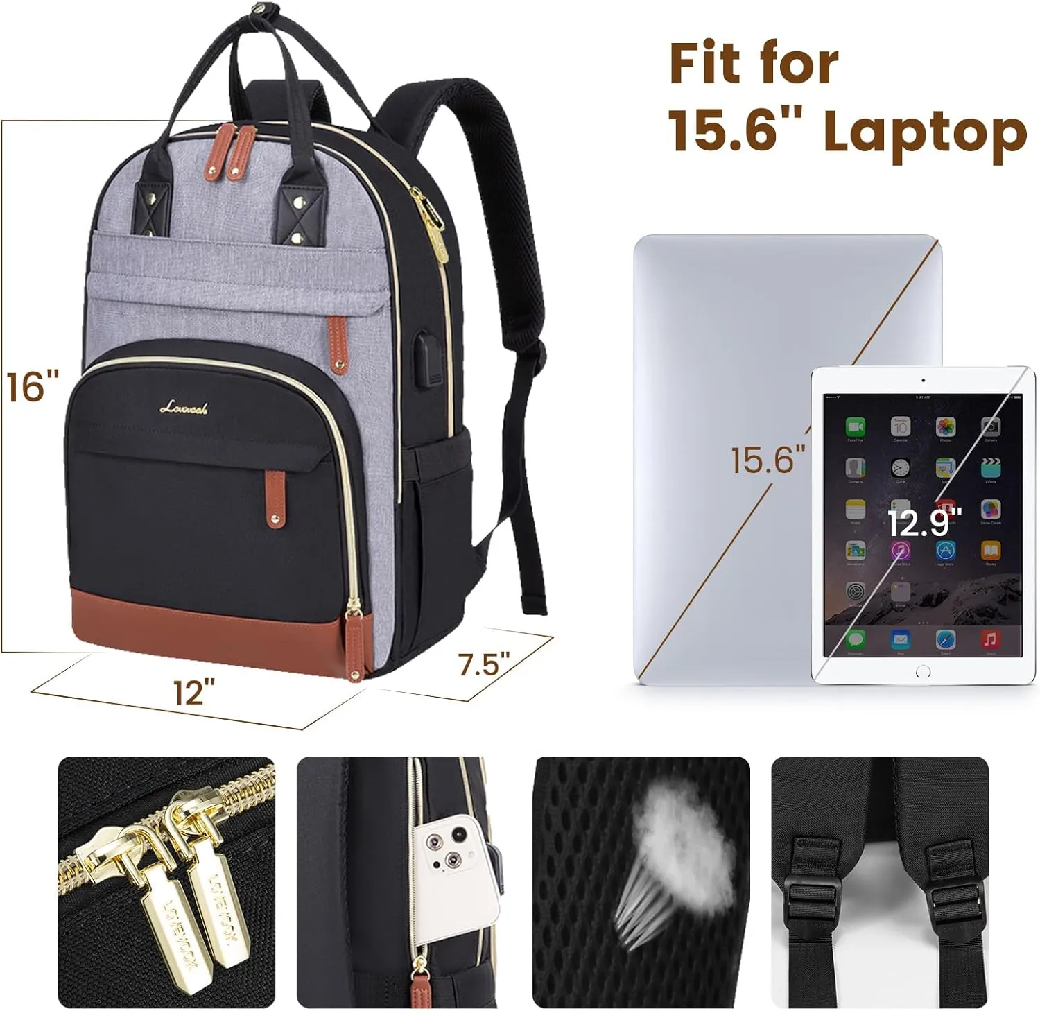 LOVEVOOK Laptop Backpack Women,Large Capacity 15.6 inch Laptop Bag Travel Backpack for Women,Computer Work College Teacher Backpacks with USB Port,Waterproof Personal Item Backpack Casual Daypack