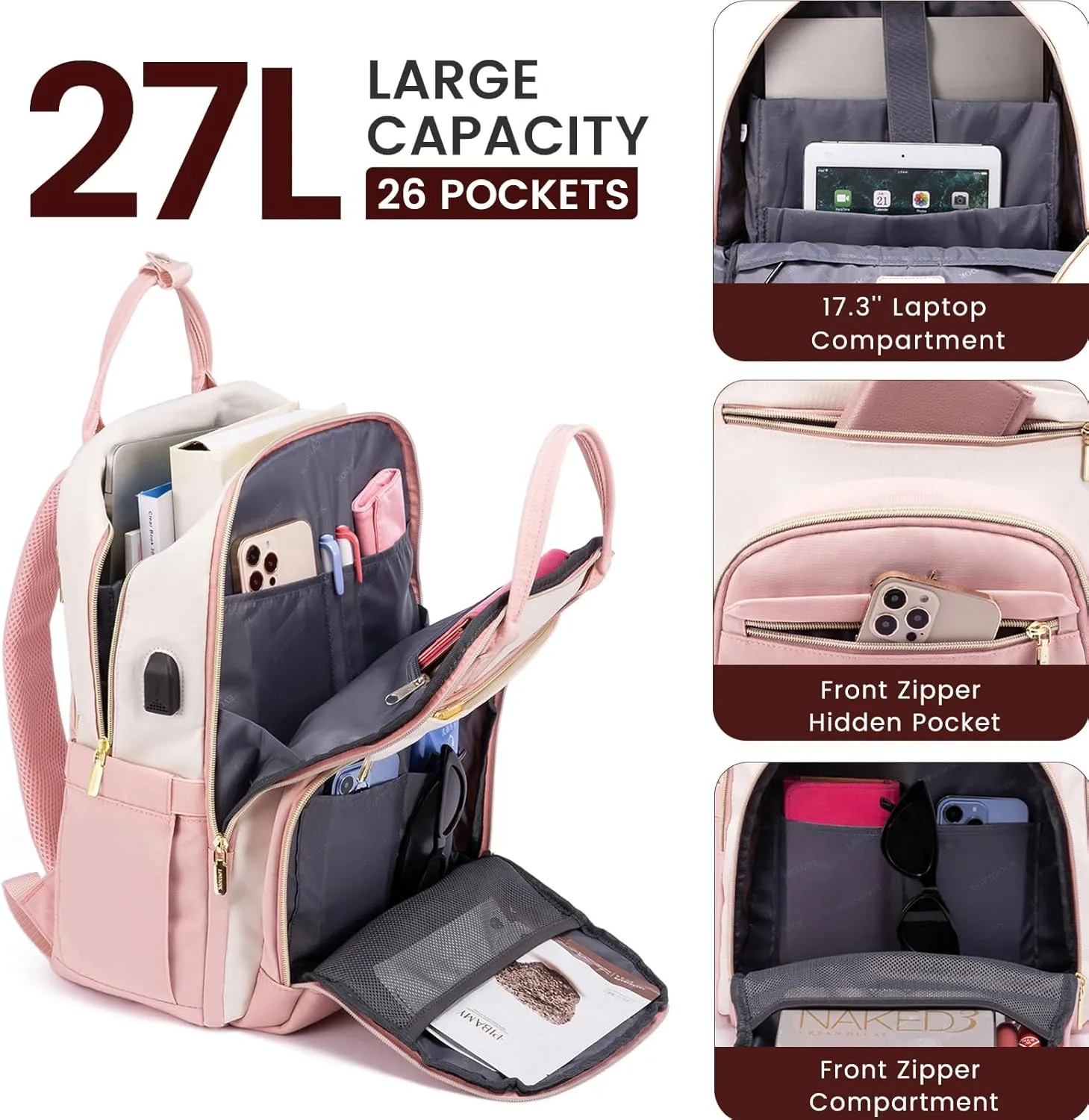 LOVEVOOK Laptop Backpack Women,Large Capacity 17.3 inch Laptop Bag Travel Backpack for Women,Computer Work College Teacher Backpacks with USB Port,Waterproof Personal Item Backpack Casual Daypack