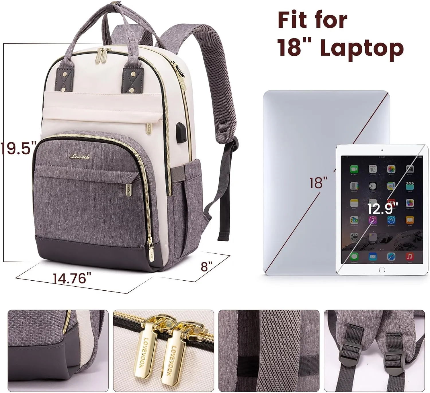 LOVEVOOK Laptop Backpack Women,Large Capacity 18.4 inch Laptop Bag Travel Backpack for Women,Computer Work College Teacher Backpacks with USB Port,Waterproof Personal Item Backpack Casual Daypack