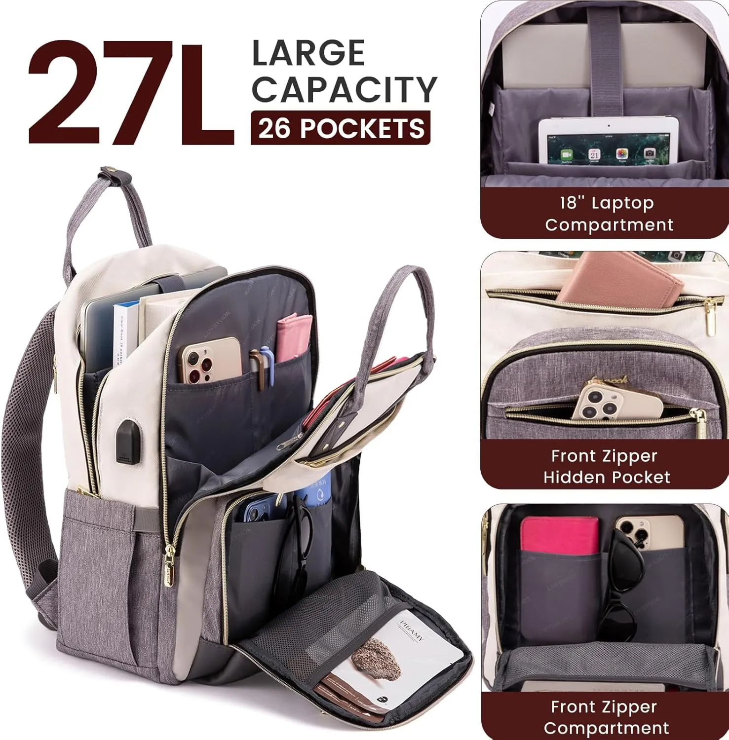 LOVEVOOK Laptop Backpack Women,Large Capacity 18.4 inch Laptop Bag Travel Backpack for Women,Computer Work College Teacher Backpacks with USB Port,Waterproof Personal Item Backpack Casual Daypack