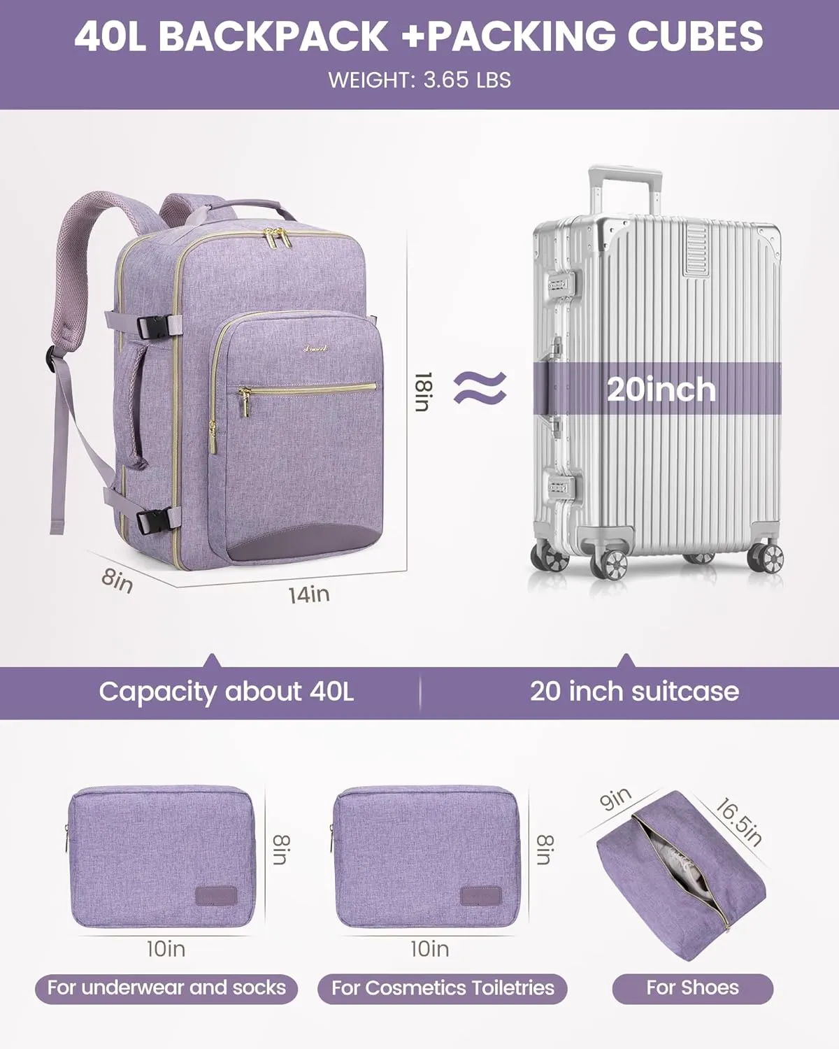 LOVEVOOK Large Travel Backpack for Women, 40L Flight Approved Carry on Backpack Waterproof 17inch Luggage Daypack Business Weekender Overnight Backpacks Bag with 3 Packing Cubes, Taro Purple