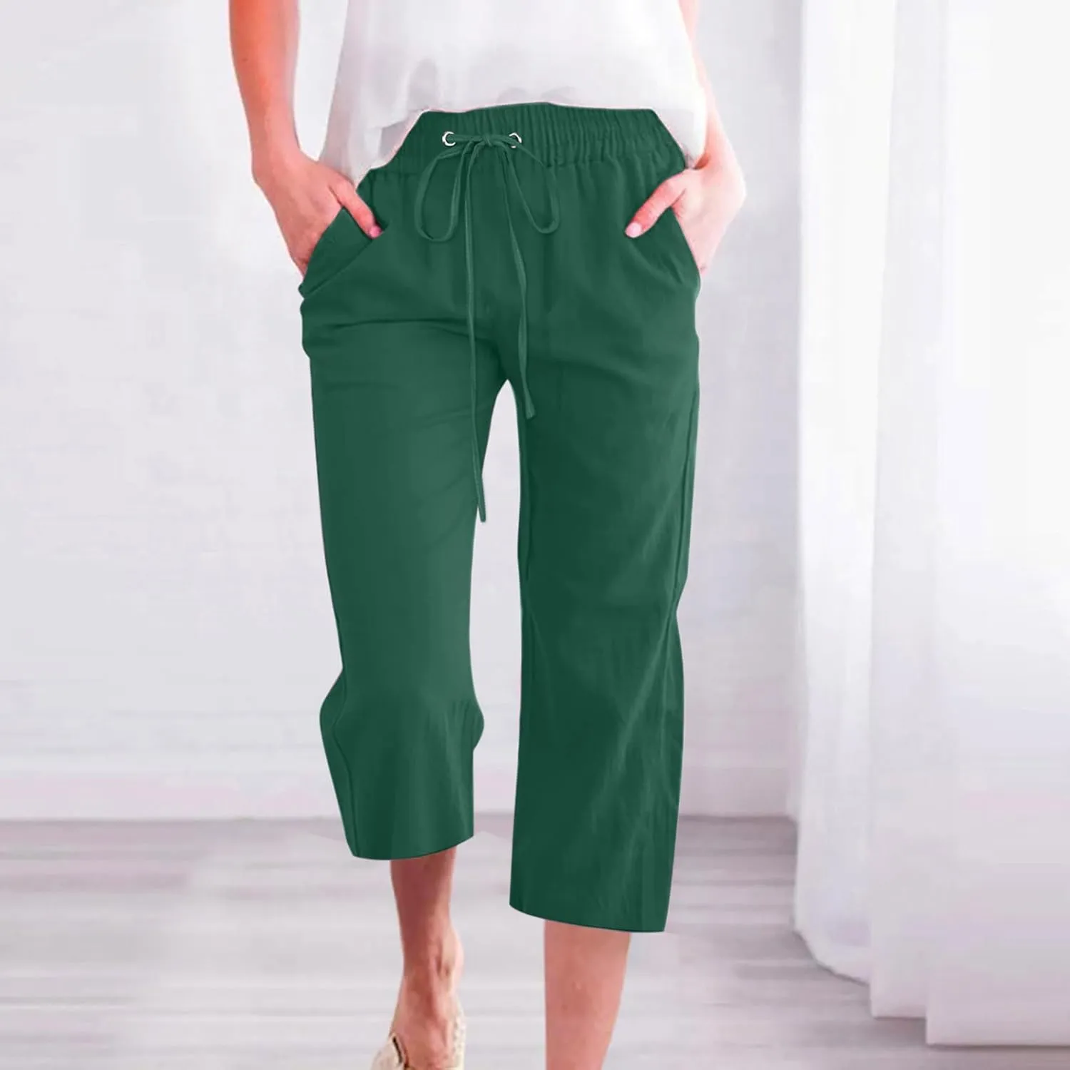 LRMQS Capris Pants for Women Cotton Linen Casual Summer 2025 Straight Wide Leg Loose Drawstring Elastic Waist Cropped Trouser