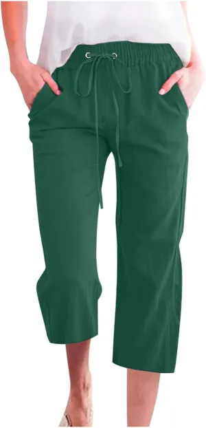 LRMQS Capris Pants for Women Cotton Linen Casual Summer 2025 Straight Wide Leg Loose Drawstring Elastic Waist Cropped Trouser