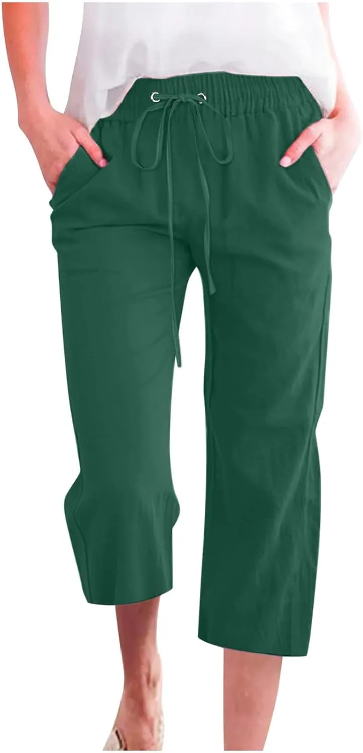 LRMQS Capris Pants for Women Cotton Linen Casual Summer 2025 Straight Wide Leg Loose Drawstring Elastic Waist Cropped Trouser