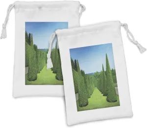 Lunarable Boxwood Hedge Fabric Pouch Set of 2, French Garden Art Conical Hedges Lines from Versailles Chateau, Small Drawstring Bag for Toiletries Masks and Favors, 9" x 6", Lime Green Deep Sky Blue