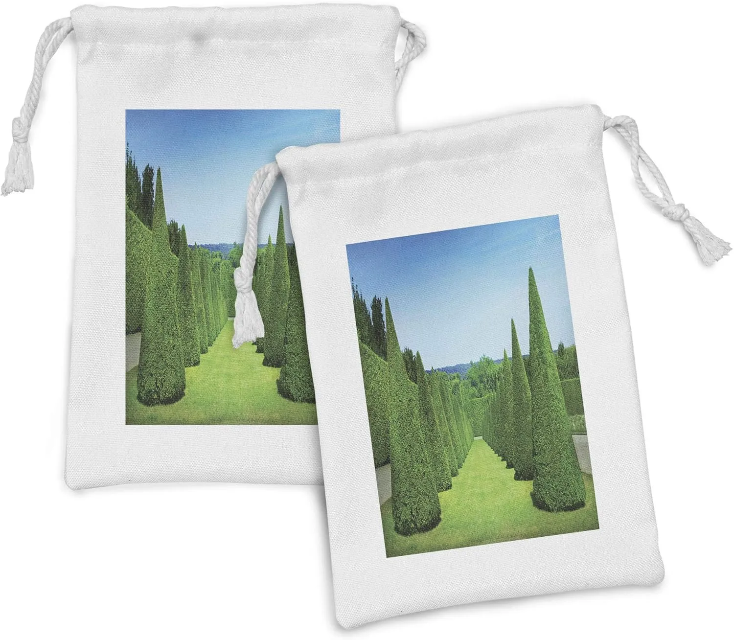 Lunarable Boxwood Hedge Fabric Pouch Set of 2, French Garden Art Conical Hedges Lines from Versailles Chateau, Small Drawstring Bag for Toiletries Masks and Favors, 9" x 6", Lime Green Deep Sky Blue