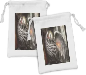 Lunarable Fantasy World Fabric Pouch Set of 2, Spooky Angel in Building Eternal Clash Between Bad Image, Small Drawstring Bag for Toiletries Masks and Favors, 9" x 6", Grey Orange