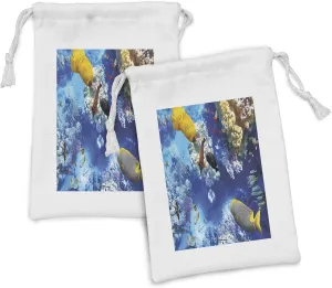 Lunarable Fish Fabric Pouch Set of 2, Marine Land with Types of Fish with Stony Corals Cluster Wild Life Design Print, Small Drawstring Bag for Toiletries Masks and Favors, 9" x 6", Turquoise Yellow