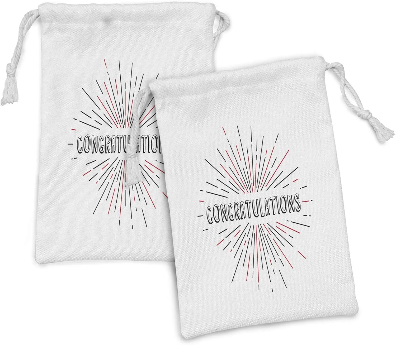 Lunarable Graduation Fabric Pouch Set of 2, Congratulatory Text with Retro Style Sun Rays Burst Approval Acclaim, Small Drawstring Bag for Toiletries Masks and Favors, 9" x 6", Pink Black White