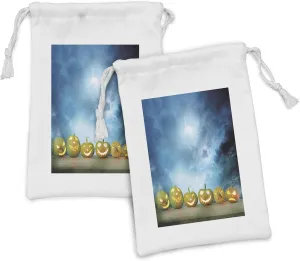 Lunarable Halloween Fabric Pouch Set of 2, Spooky Halloween Pumpkins on Wood Table Dramatic Night Sky Print, Small Drawstring Bag for Toiletries Masks and Favors, 9" x 6", Pale Blue Dark Blue