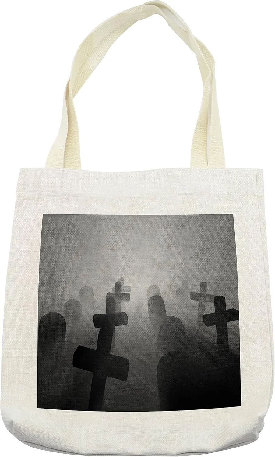 Lunarable Horror House Tote Bag, Render of a Graveyard Tombstone Funeral Night Spooky Ghostly Grunge, Cloth Linen Reusable Bag for Shopping Books Beach and More, 16.5" X 14", Cream