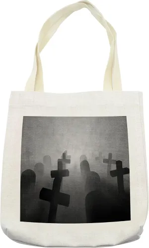 Lunarable Horror House Tote Bag, Render of a Graveyard Tombstone Funeral Night Spooky Ghostly Grunge, Cloth Linen Reusable Bag for Shopping Books Beach and More, 16.5" X 14", Cream