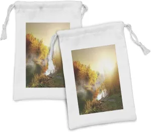 Lunarable Landscape Fabric Pouch Set of 2, Secluded Misty Sunrise over River Fog Autumn Sunshine Leaves Dawn Trees Shrubs, Small Drawstring Bag for Toiletries Masks and Favors, 9" x 6", Multicolor