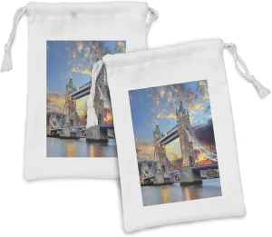 Lunarable London Fabric Pouch Set of 2, Vista of Tower Bridge at Dramatic Sunset Thames River with Grey Clouds, Small Drawstring Bag for Toiletries Masks and Favors, 9" x 6", Pale Blue Yellow Tan