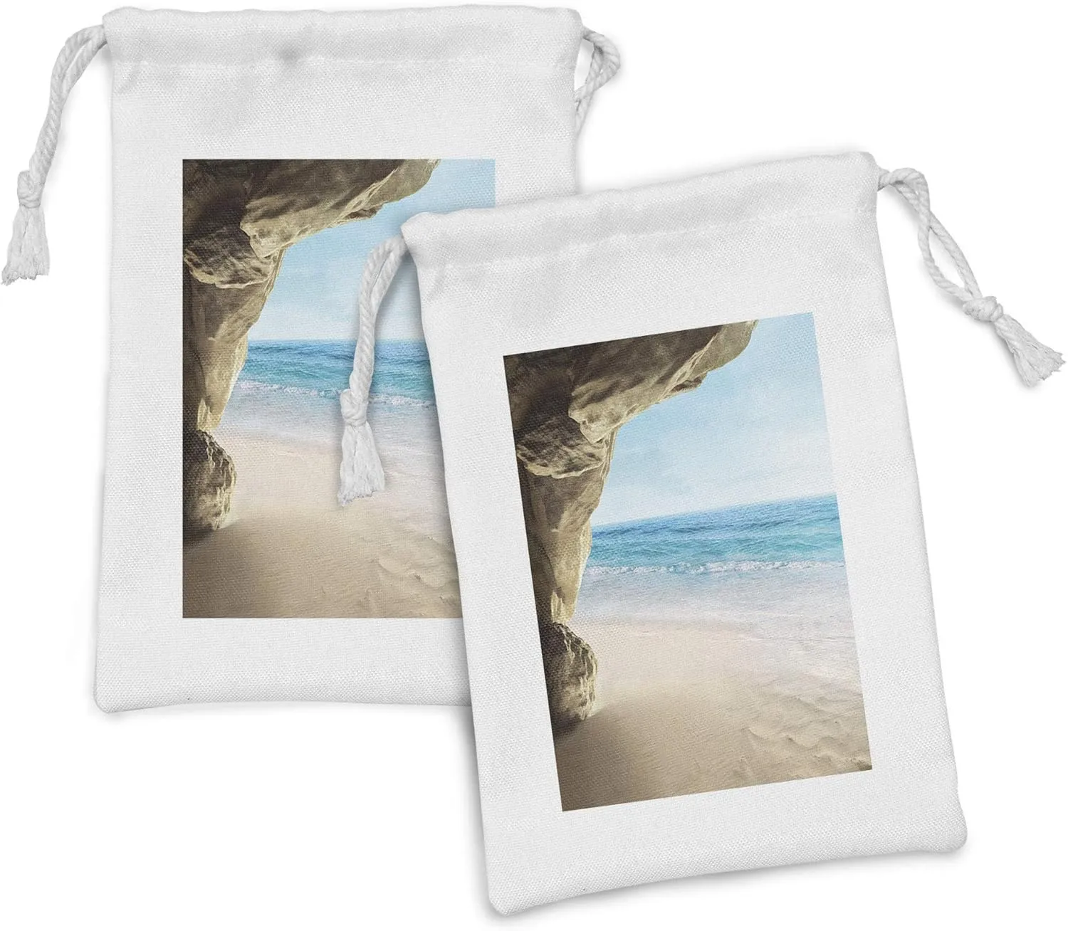 Lunarable Natural Cave Fabric Pouch Set of 2, Image of Anasazi Ruins with Dramatic Sky National Park USA Sandstone, Small Drawstring Bag for Toiletries Masks and Favors, 9" x 6", Cream Blue