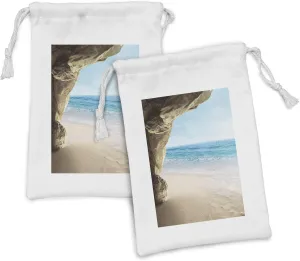 Lunarable Natural Cave Fabric Pouch Set of 2, Image of Anasazi Ruins with Dramatic Sky National Park USA Sandstone, Small Drawstring Bag for Toiletries Masks and Favors, 9" x 6", Cream Blue