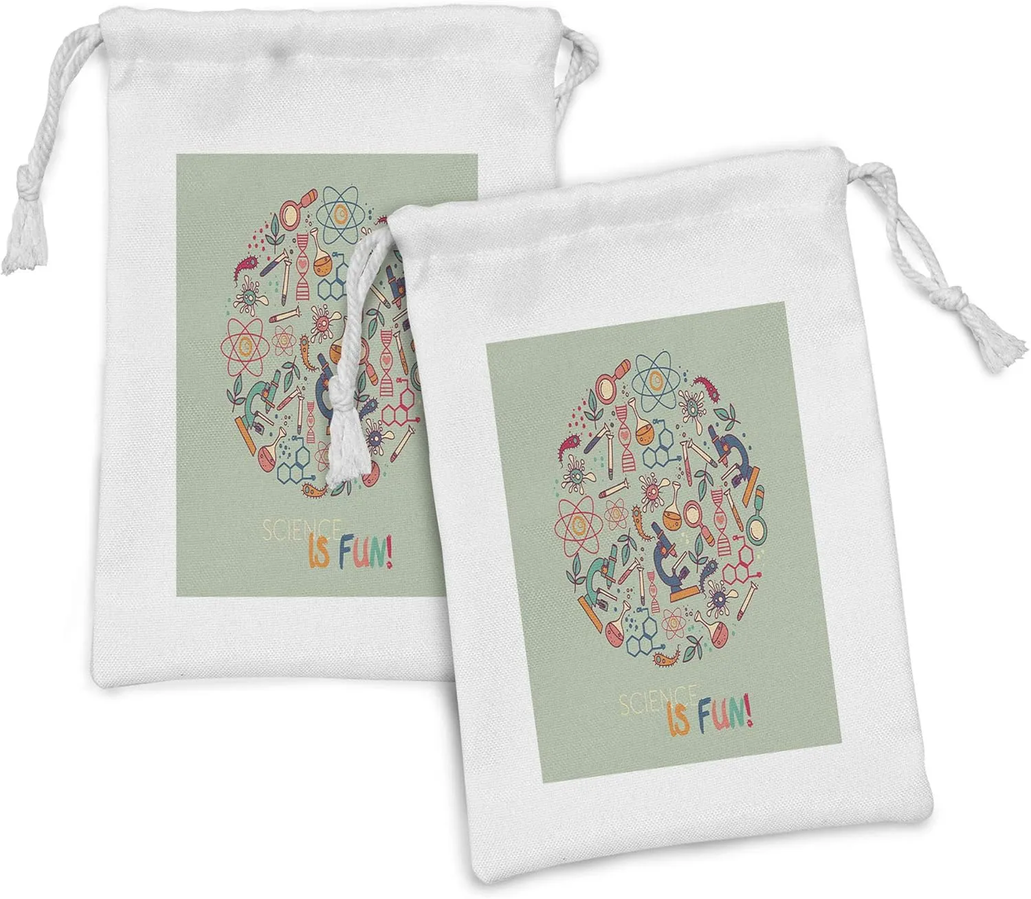 Lunarable Science Fabric Pouch Set of 2, Science is Fun Theme with Molecule Experiment Biology Chemistry Atom DNA, Small Drawstring Bag for Toiletries Masks and Favors, 9" x 6", Multicolor