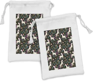 Lunarable Unicorn Fabric Pouch Set of 2, Repetitive Fantasy Horse with Mane and Horn Flowers Stars Pattern, Small Drawstring Bag for Toiletries Masks and Favors, 9" x 6", Charcoal Grey and Multicolor