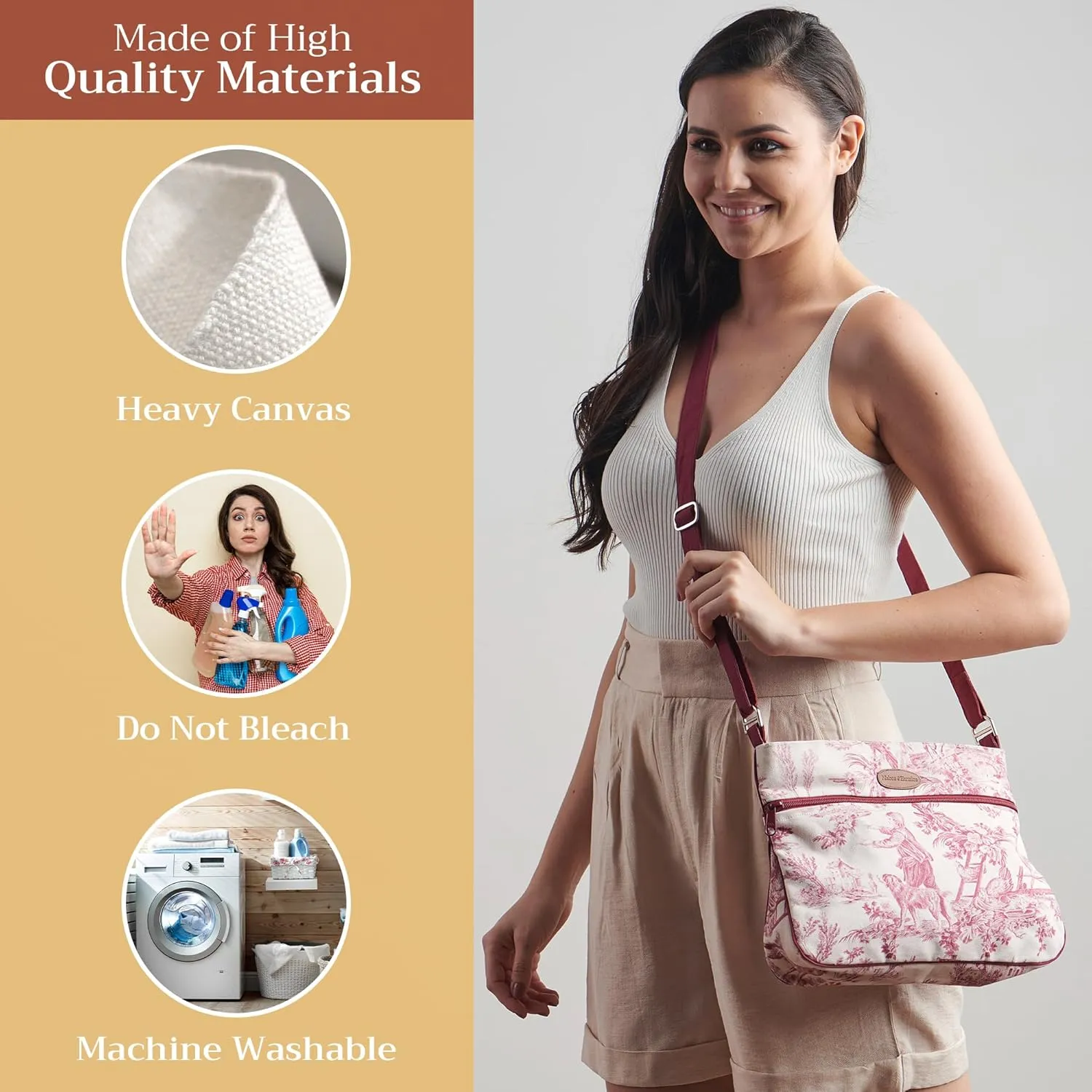 Maison d' Hermine Cross Body Bag Cotton Adjustable Shoulder Strap Hand Bag Tote purse with Zippered & Slip Pockets