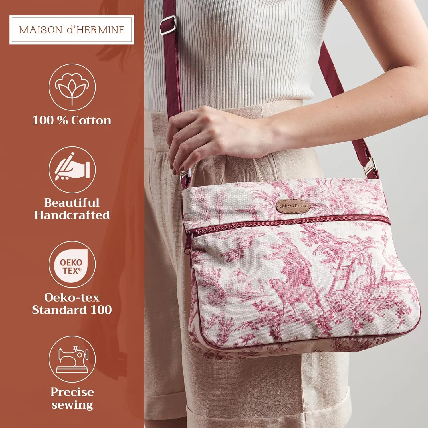 Maison d' Hermine Cross Body Bag Cotton Adjustable Shoulder Strap Hand Bag Tote purse with Zippered & Slip Pockets