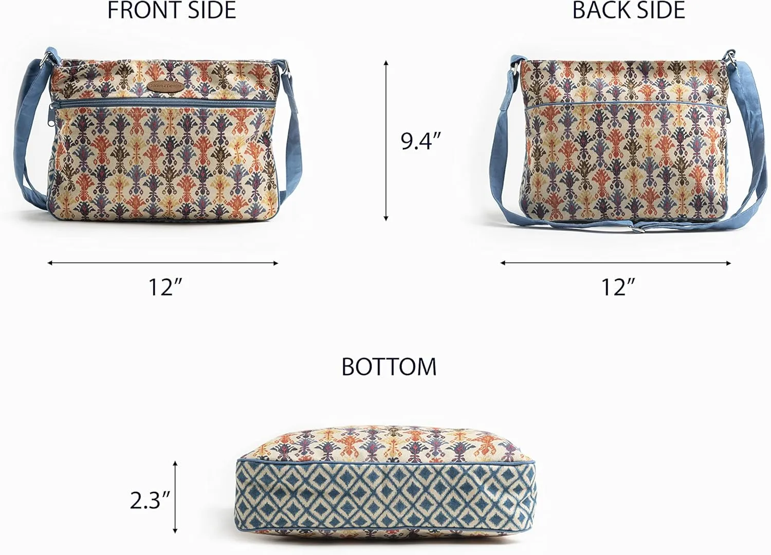 Maison d' Hermine Cross Body Bag Cotton Adjustable Shoulder Strap Hand Bag Tote purse with Zippered & Slip Pockets