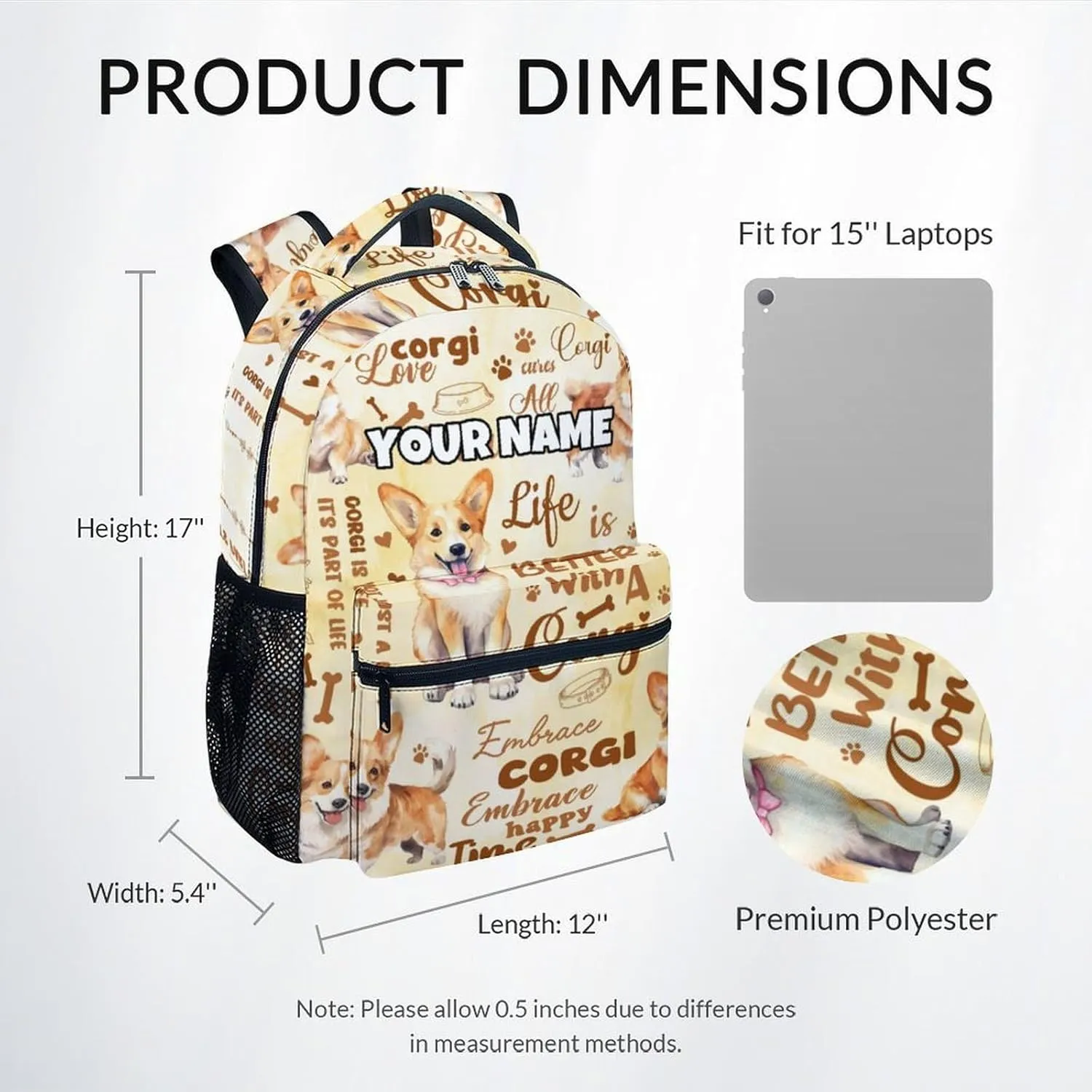 Mercuryelf Boys Bag for School - Personalized Cute Corgi Kid Backpack for School, Travel - 17 Inch Dog Bookbag for Teens Corgi Lovers