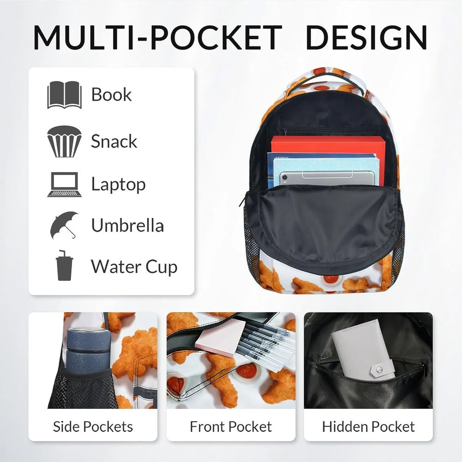 Mercuryelf Kid Backpack for Boys - 17 Inch White Lightweight Durable Kid Backpack - Large Capacity Chicken Nugget Bookbag for School, Travel and Camp