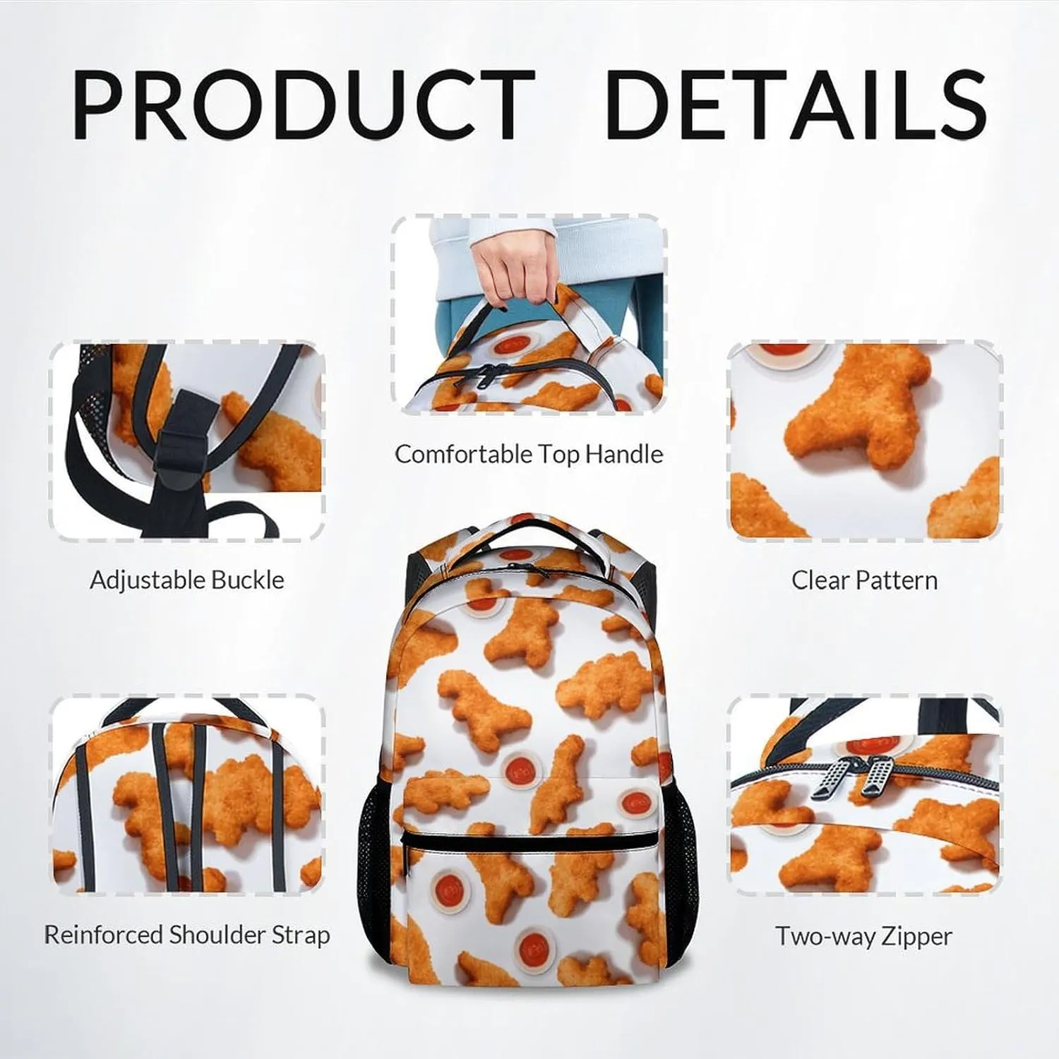 Mercuryelf Kid Backpack for Boys - 17 Inch White Lightweight Durable Kid Backpack - Large Capacity Chicken Nugget Bookbag for School, Travel and Camp