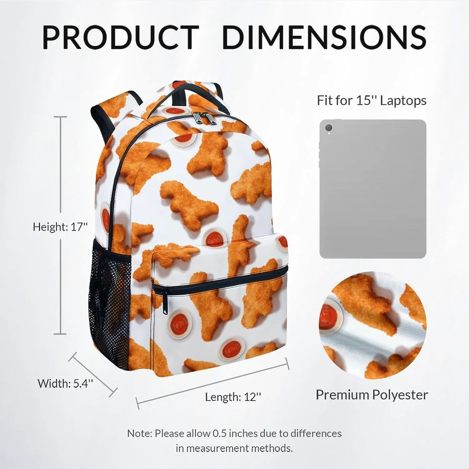 Mercuryelf Kid Backpack for Boys - 17 Inch White Lightweight Durable Kid Backpack - Large Capacity Chicken Nugget Bookbag for School, Travel and Camp
