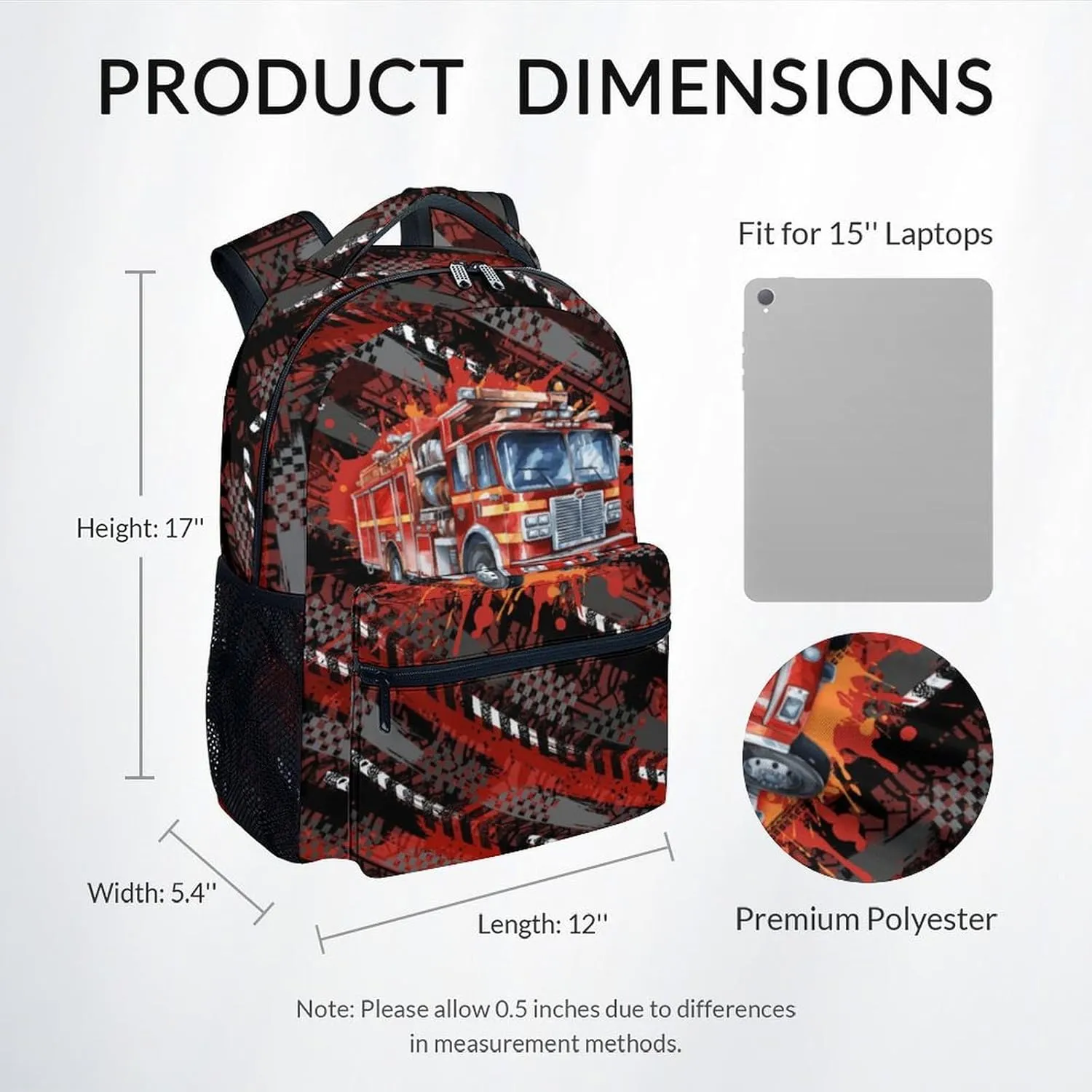 Mercuryelf Kids Backpack - Fire Truck Backpack for School, Travel - Cool Bookbag for Boys - 17 Inch School Bag for Primary Middle