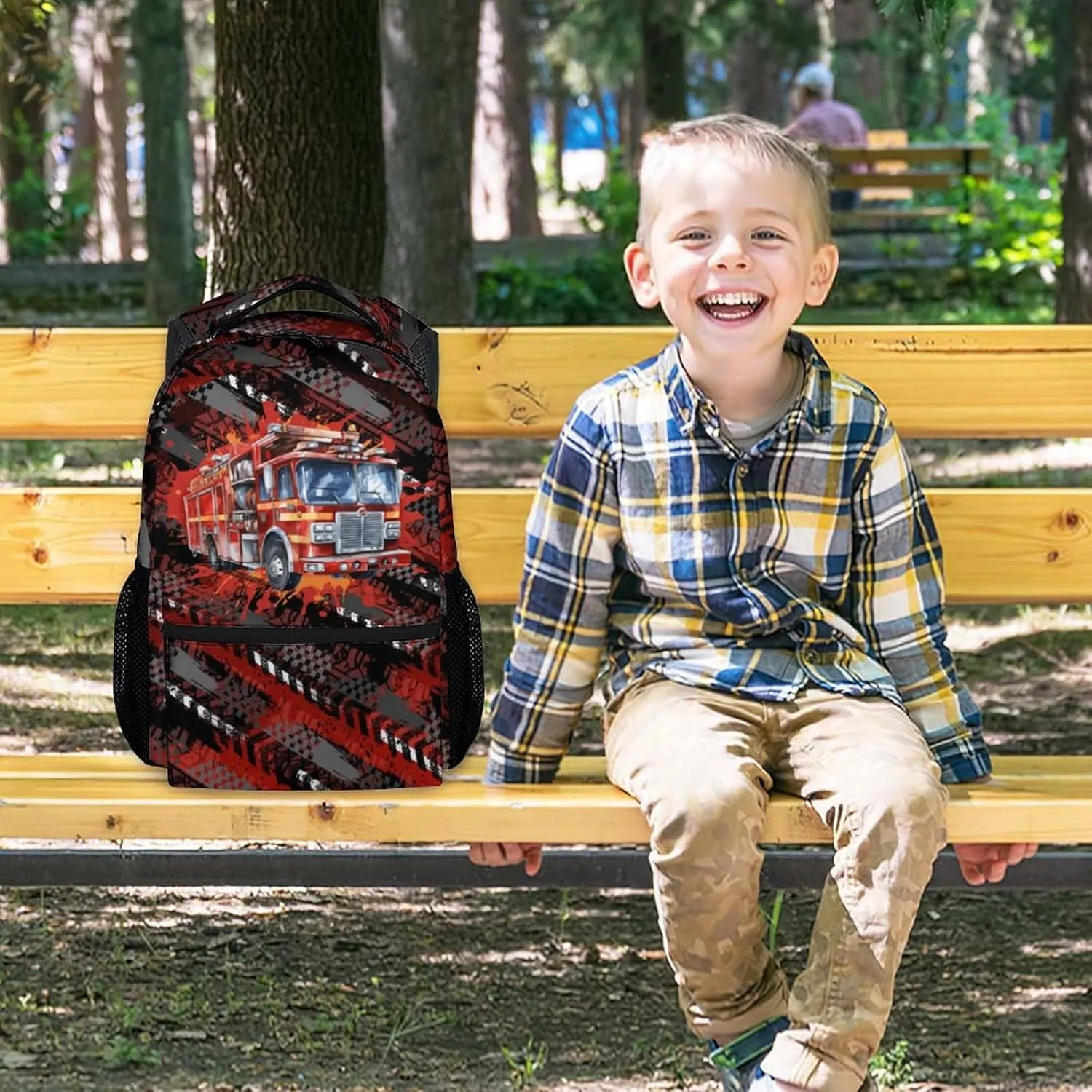 Mercuryelf Kids Backpack - Fire Truck Backpack for School, Travel - Cool Bookbag for Boys - 17 Inch School Bag for Primary Middle