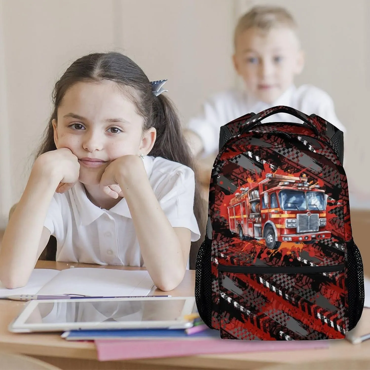 Mercuryelf Kids Backpack - Fire Truck Backpack for School, Travel - Cool Bookbag for Boys - 17 Inch School Bag for Primary Middle