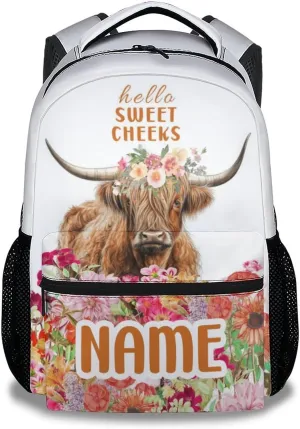 Mercuryelf Personalized Highland Cow Backpack for Girls Boys, 16 Inch White Backpacks for School, Trendy Lightweight Bookbag for Kids