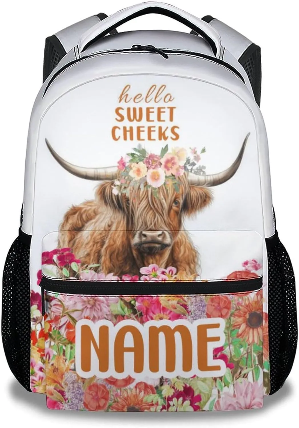 Mercuryelf Personalized Highland Cow Backpack for Girls Boys, 16 Inch White Backpacks for School, Trendy Lightweight Bookbag for Kids